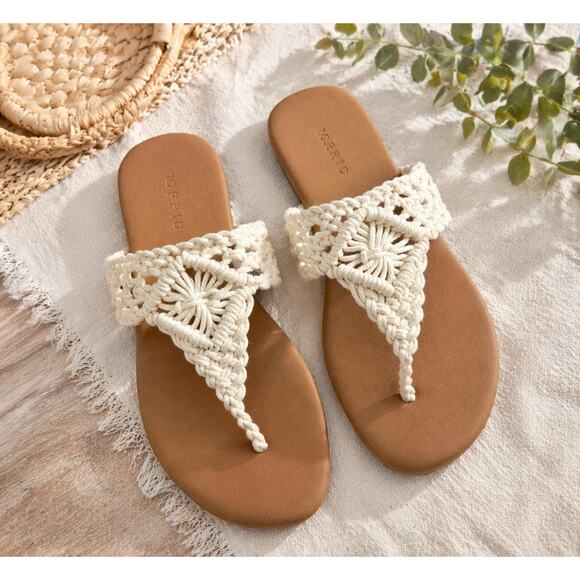 Torrid Shoes - Torrid Crochet T Strap Sandals Ivory 6 WW Wide Boho Slide Summer Comfort Easy
